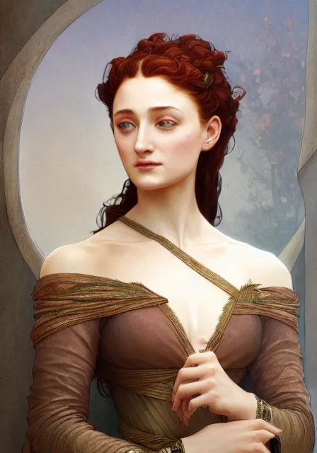 Prompt: sansa stark in sanset, intricate, elegant, highly detailed, digital painting, artstation, concept art, smooth, sharp focus, illustration, art by artgerm and greg rutkowski and alphonse mucha and william - adolphe bouguereau