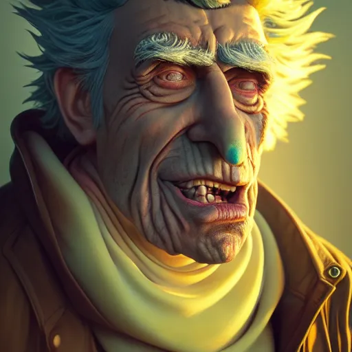 Image similar to apocalyptic rick sanchez portrait with ribbed face by gaston bussierre and charles vess and james jean and erik jones and rhads, 3 d octane render, beautiful fine face features, intricate high details, sharp, ultradetailed