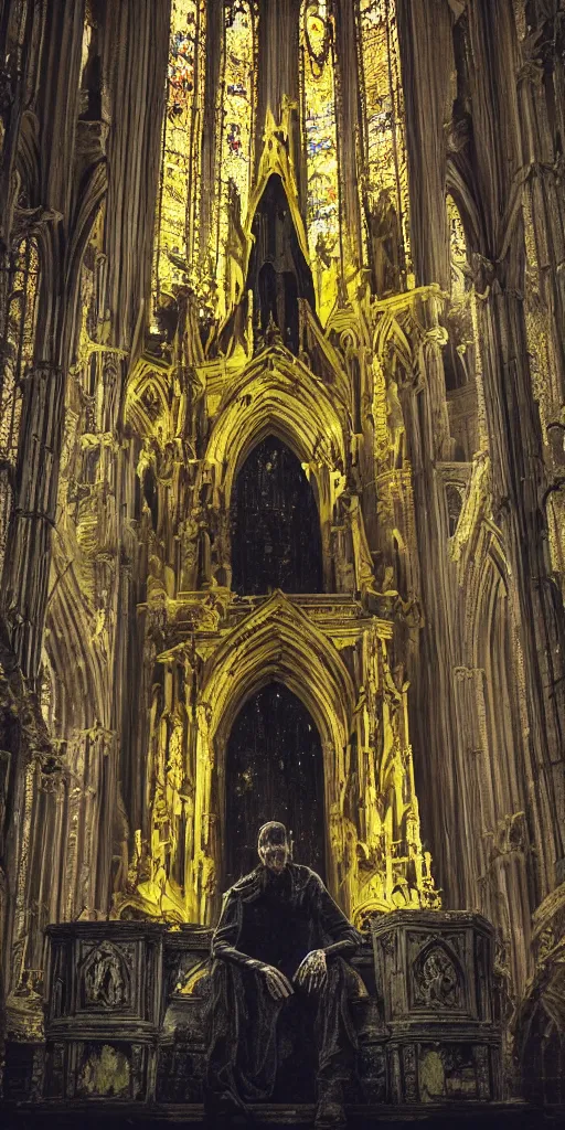 Prompt: a tall pale humanoid being sitting upon an ornate stone throne, 4K, digital art, horror, dramatic, wearing a long yellow rotting garment, dark, hyperrealistic, perspective, complex black church background with volumetric lights coming in through cathedral windows, dark background, highlights,