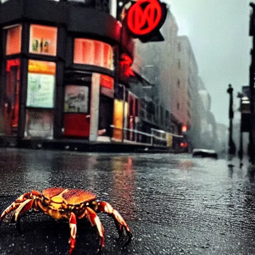 Image similar to Giant crab housed hd masterpiece lensraiblur rainy moody cityscene with crabs in trenchcoats, national geographic, instagram, High quality award winning photography by Netflix. This city once used to be my home, now its a crabtown where trenchcoats come a dime a dozen.