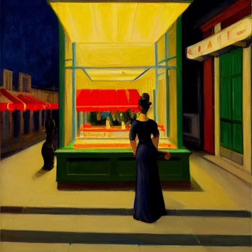 Prompt: a painting of a woman in front of a restaurant at night, in the style of Edward Hopper and Sandro Botticelli, 4k,