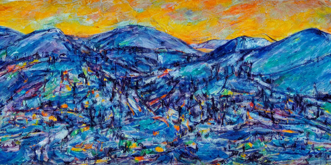 Image similar to abstract expressionist painting of the laurentian appalachian mountains in winter, unique, original and creative landscape, snowy night, distant town lights, aurora borealis, deers and ravens, footsteps in the snow, brilliant composition