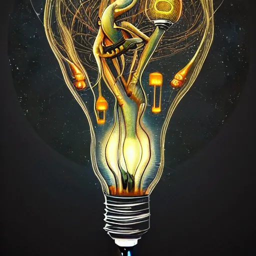 Image similar to beautiful painting of the benevolent spirit of lightbulbs surrounded by mechanical fireflies in the style of Welder Wings and H. R. Giger. Dark background, detailed, trending on Artstation