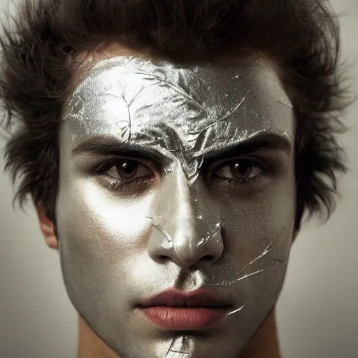 Image similar to a close up portrait of a beautiful athletic young persian male with his face covered in silver leaf , photographed by erwin olaf, artistic