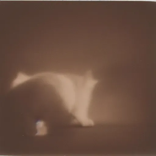 Image similar to black cloudy shadow in a cat shape, very blurry, mystical, misty, dreamy, shadow polaroid photo, by Warhol