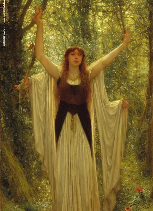 Image similar to galadriel of lothlorien, art by thomas cooper gotch and lawrence alma - tadema