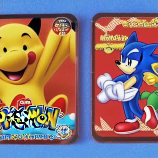 Image similar to photograph of winnie the pooh and super mario and sonic the hedgehog anime style, on pokemon card packs at target