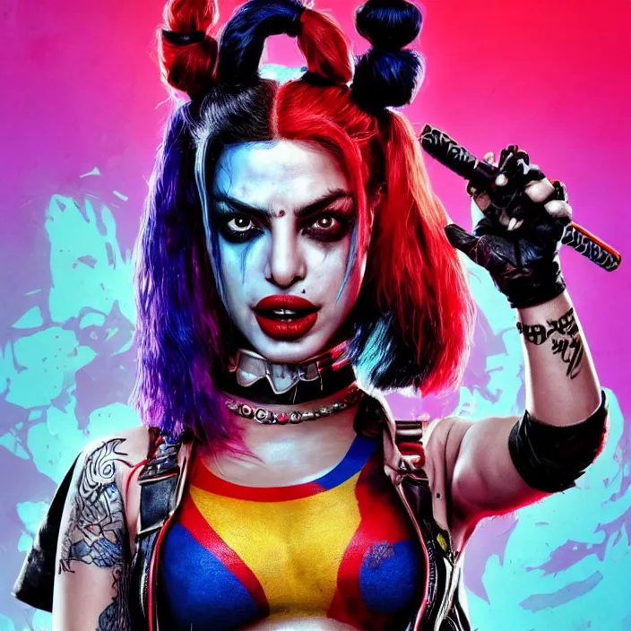 Image similar to portrait of Priyanka Chopra as a harley quinn in Suicide Squad. intricate artwork. by Tooth Wu, wlop, beeple, dan mumford. octane render, trending on artstation, greg rutkowski very coherent symmetrical artwork. cinematic, hyper realism, high detail, octane render, 8k