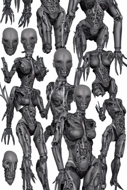 Prompt: septum nose piercing!! cyborg female with gunmetal grey skin, medical anatomy, paneled face, highly detailed, mecha, mechanical implants, three - perspective / three - view reference sheet ( front / back / side ), in the style of dan ouellette, dren from splice, hr giger, sil from species, artstation, unreal engine