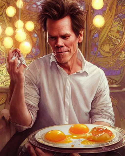 Image similar to kevin bacon eating fried eggs, highly detailed, gold filigree, romantic storybook fantasy, soft cinematic lighting, award, disney concept art watercolor illustration by mandy jurgens and alphonse mucha and alena aenami, pastel color palette, featured on artstation