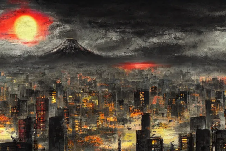 Image similar to concept art, landscape of tokyo, rising black sun, dystopia, paint style, high detail