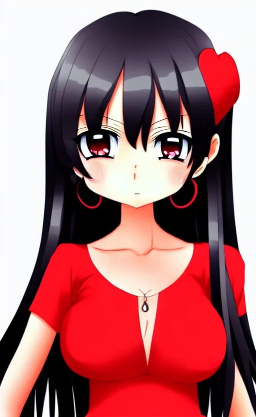 Prompt: anime girl with a detailed face and black hair in a red outfit, full body photo, illustration