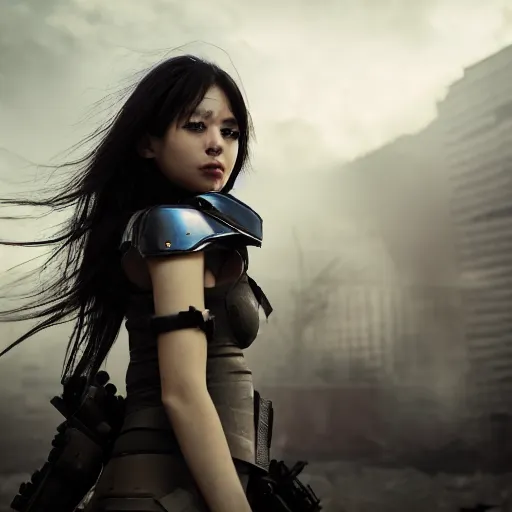 Prompt: beautiful android girl in full battle gear in a destroyed city, moody lighting, 8 k, shallow depth of field, cinematic lighting,