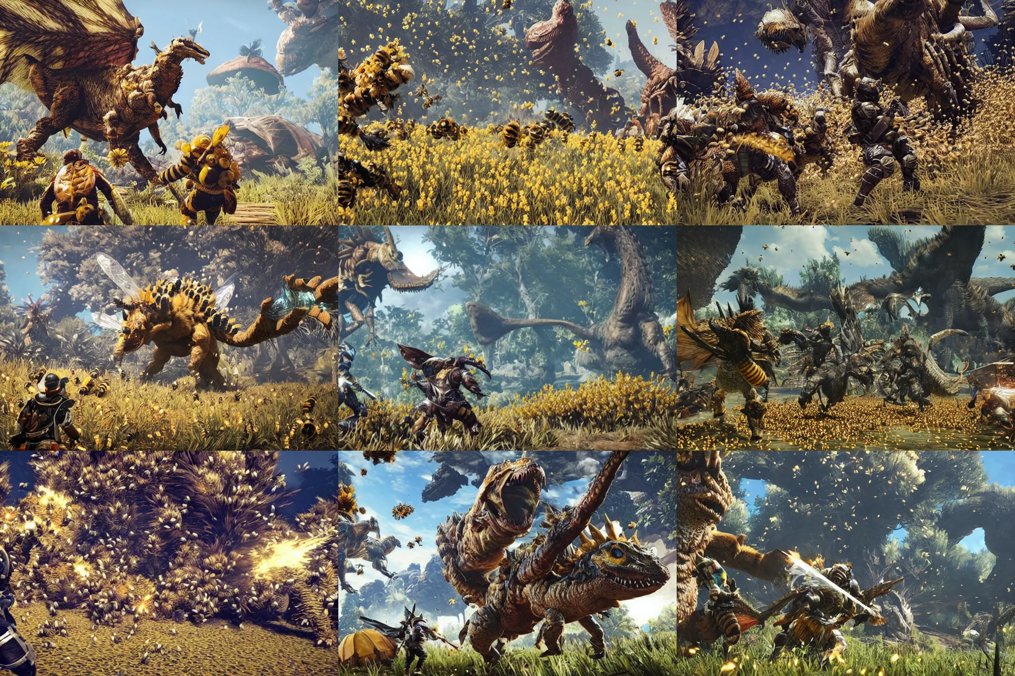 Prompt: gameplay screenshot, monster hunter world, covered in bees, made of bees, thousands of bees, bees covering whole body, beehive monster dinosaur