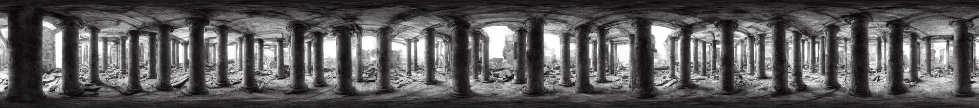 Image similar to photo of an immersive forgotten panopticon well, with columns and destroyed cybernetics from an ancient civilization, photorealistic, higly detailed dark, 3 6 0 picture, panorama, 3 5 mm slide, trending on flickr, in the style of francesca woodman, zachary corzine, zhelong xu, greg rutkowski and anders zorn