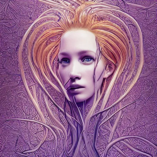 Image similar to the portrait of an incredibly beautiful woman made of potatoes roots and violets, an ultrafine detailed illustration by james jean, final fantasy, intricate linework, bright colors, behance contest winner, vanitas, angular, altermodern, unreal engine 5 highly rendered, global illumination, radiant light, detailed and intricate environment