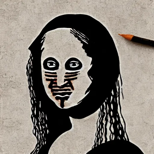 Image similar to grunge drawing of a happy mona lisa in the style of the grudge | horror themed | loony toons style