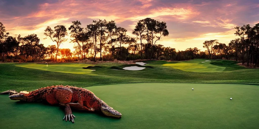 Image similar to a great photograph of the most amazing golf hole in the world, covered with aligators, beautiful ambient light, golf digest, top 1 0 0,