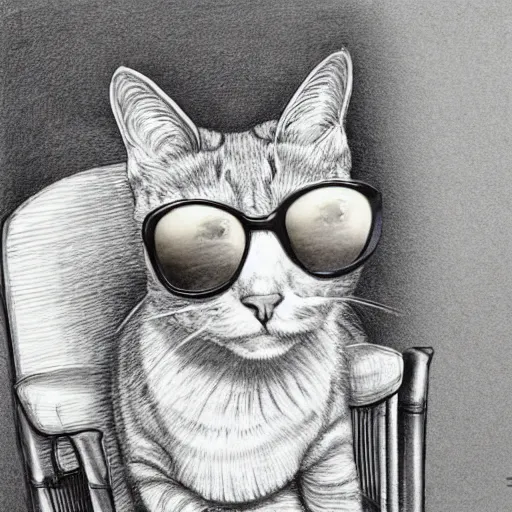 Prompt: cat wearing sunglasses sitting in a chair, ball-point pen art