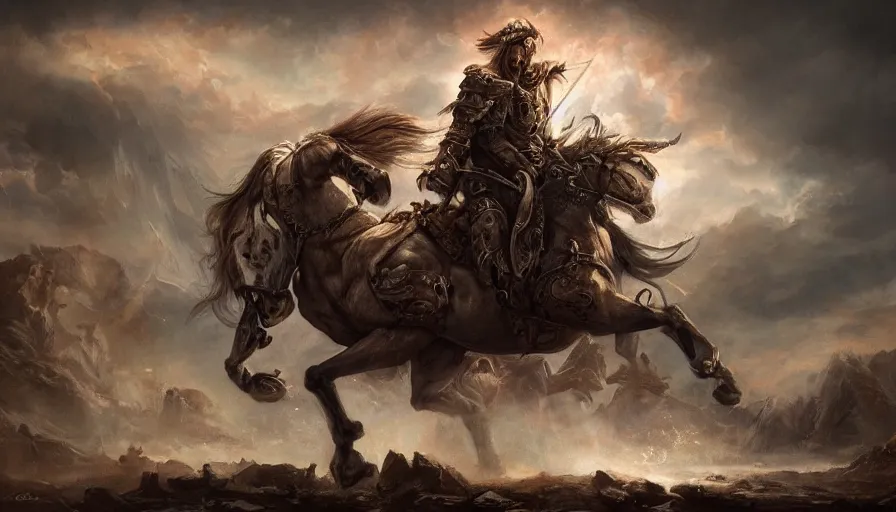 Prompt: A beautiful highly detailed epic painting of the Horseman of the Apocalypse by Ulpiano Checa, Trending on artstation HD.