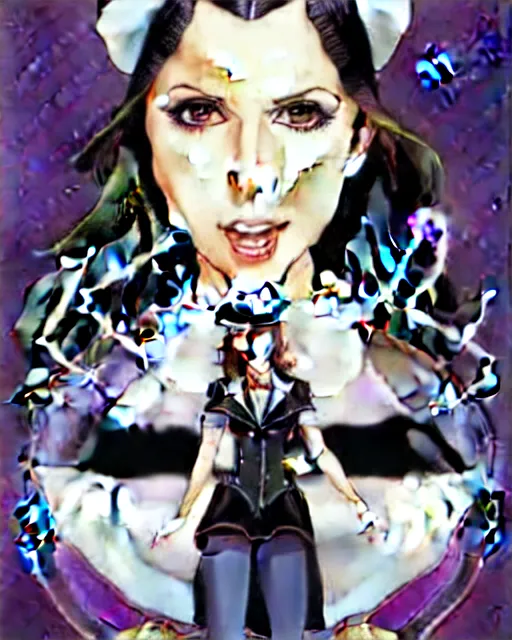 Image similar to beautiful Anna Kendrick Zatanna DC Comics floating on stage, wearing a top hat, symmetrical face symmetrical eyes, smiling, fantasy, intricate details, atmospheric, elegant, concept art, art by eiichiro oda, Joshua Middleton art