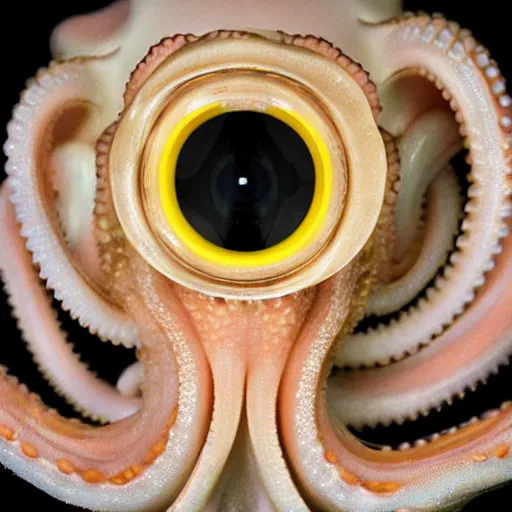 Image similar to a close up of an octopus with human eyes, a macro photograph by craola, flickr contest winner, mingei, lovecraftian, grotesque, macro photography