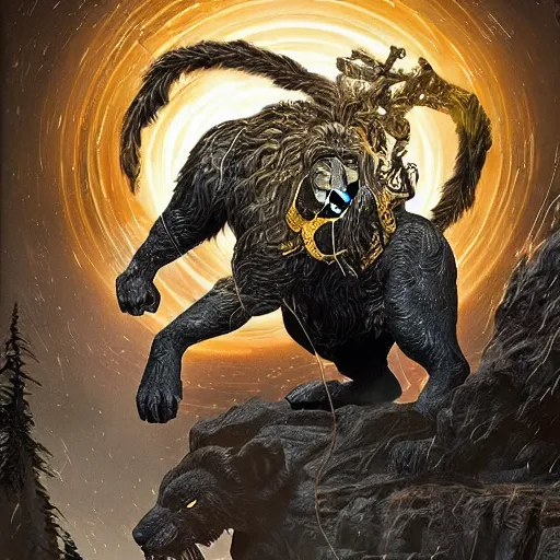 Image similar to black lion's god with fur made from gold lightnings surrounded by epic ancient huge forest and mountains, colossal scale, cinematic shot, hyperdetails, dramatic lighting, by Evgeniy Antonenkov and James Jean