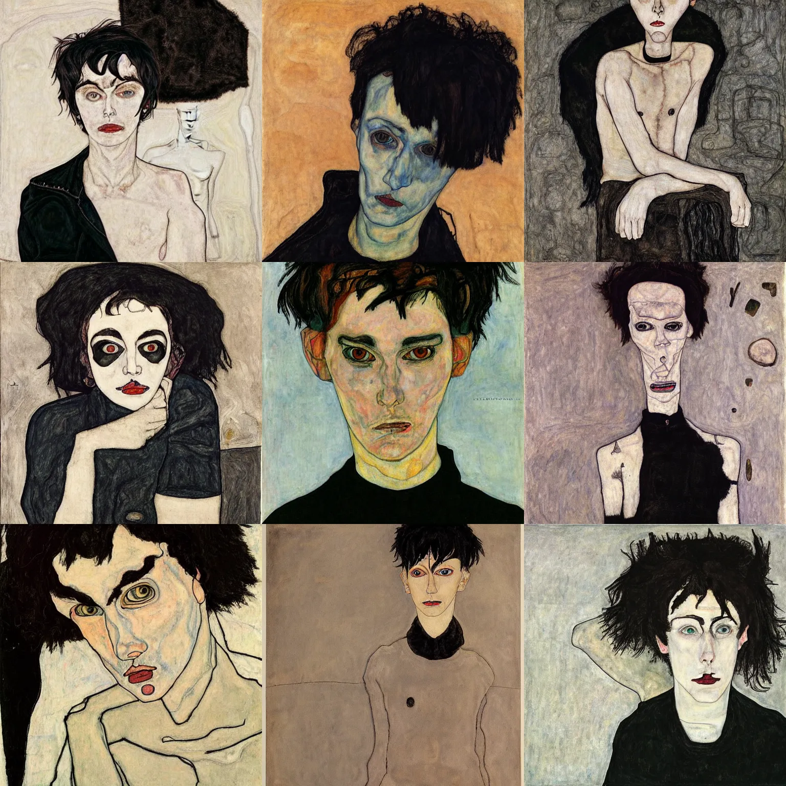 Prompt: an emo portrait by egon schiele. her hair is dark brown and cut into a short, messy pixie cut. she has large entirely - black evil eyes. she is wearing a black tank top, a black leather jacket, a black knee - length skirt, a black choker, and black leather boots.
