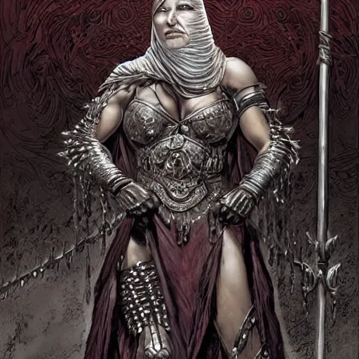 Prompt: a warrior woman in a hooded dark robe with her face is covered in a chain - mail veil, facing forward, standing in a fighting stance holding a long staff in her hands, intricate, elegant, highly detailed, smooth, sharp focus, detailed face, high contrast, graphic novel, art by ardian syaf and pepe larraz,