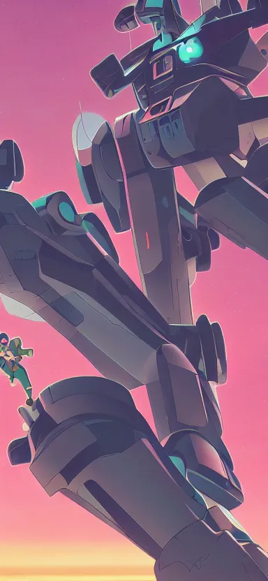 Prompt: close up pilot, looking up at giant mech, forest, key art, sharp lines, towering above a small person, aesthetic, anime, trigger, shigeto koyama, hiroyuki imaishi