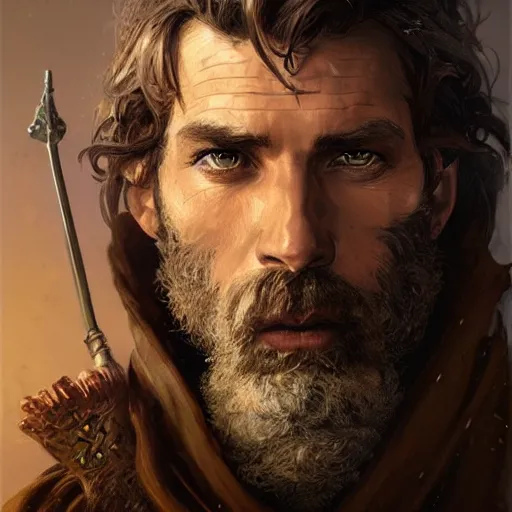 Image similar to portrait of a ruggedly handsome wizard soldier with short brown hair and beard wearing a leather armor and a cape, fantasy, highly detailed, digital painting, artstation, concept art, character art, art by greg rutkowski and tyler jacobson and alphonse mucha