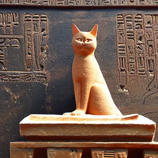 Image similar to beautiful egyptian carved statue of a cat sitting inside of a temple with hieroglyphics on the walls