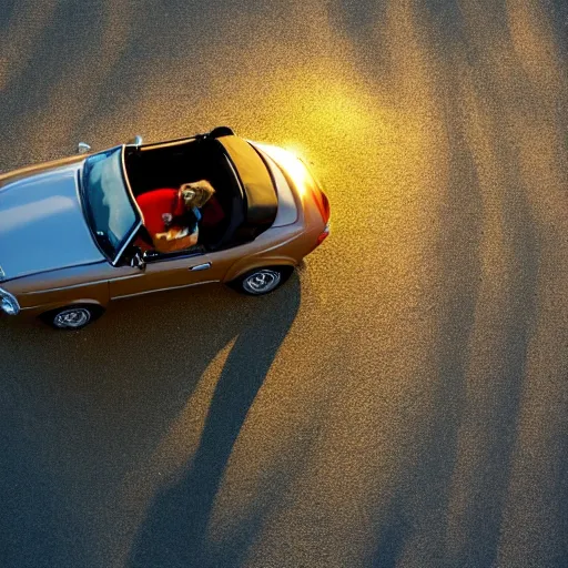 Prompt: cat driving in a cabriolet, golden hour, top view, golden ratio