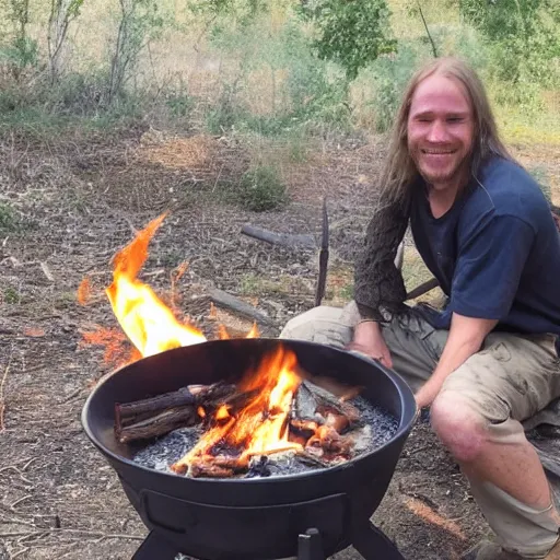 Prompt: photo of hillbilly with long blonde hair smiling near a fire pit