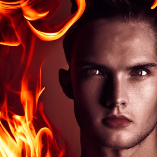 Prompt: a male model with glowing fire eyes, frontal view, cool looking