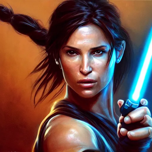 Prompt: Portrait Lara Croft wielding a blue Lightsaber, Tomb Raider, Alicia Vikander, beautiful, 4k oil on linen by wlop, artgerm, andrei riabovitchev, nuri iyem, james gurney, james jean, greg rutkowski, highly detailed, soft lighting 8k resolution