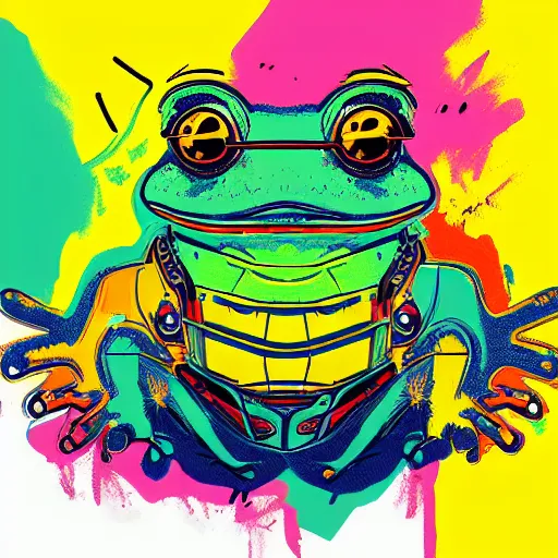 Image similar to illustration of cyberpunk frog, colorful splatters, by andy warhol and by zac retz and by kezie demessance