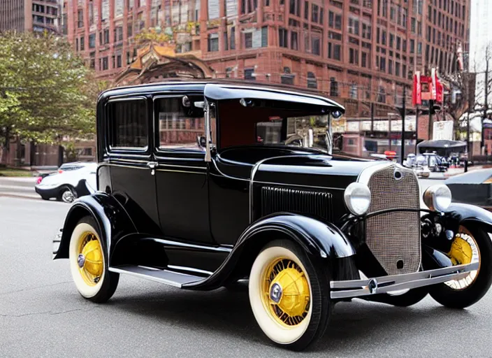 Prompt: touring chicago in a 1 9 3 0 model a ford hot rod, lowbrow style by jasmine becket - griffith and danny flynn