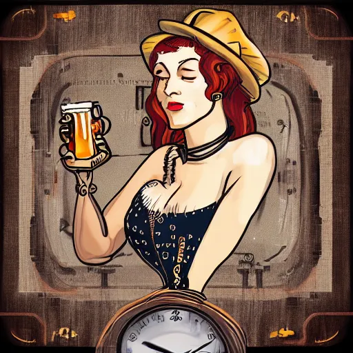 Prompt: digital clockwork woman drinking in a pub, steampunk style,