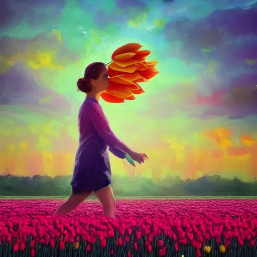 Prompt: large tulip as a face, girl walking in a flower field, surreal photography, sunrise dramatic light, impressionist painting, colorful clouds, digital painting, artstation, simon stalenhag, flower face