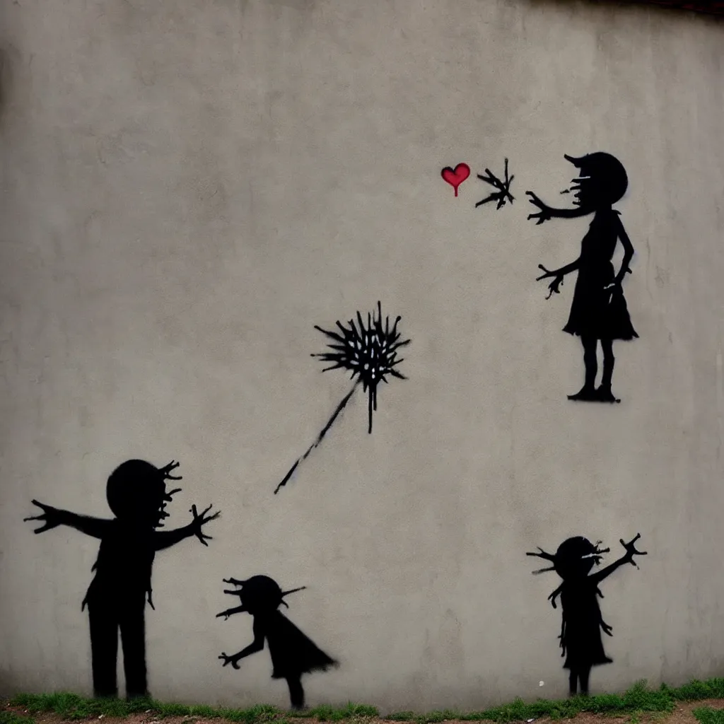 Prompt: famous wall graffiti by banksy