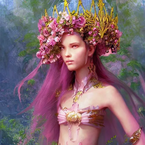 Image similar to Lotus floral crown girl, pink Lotus queen, epic fantasy style art by Craig Mullins, fantasy epic digital art