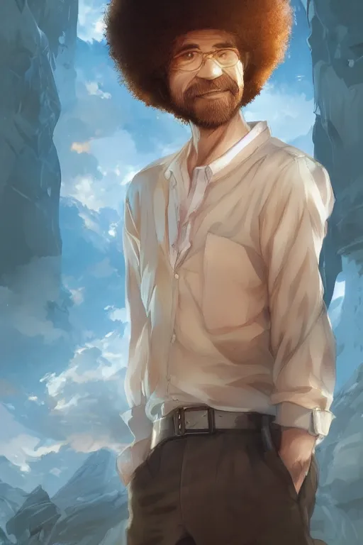 Image similar to An anime portrait of Bob Ross, by Stanley Artgerm Lau, WLOP, Rossdraws, James Jean, Andrei Riabovitchev, Marc Simonetti, and Sakimichan, tranding on artstation, SFW version