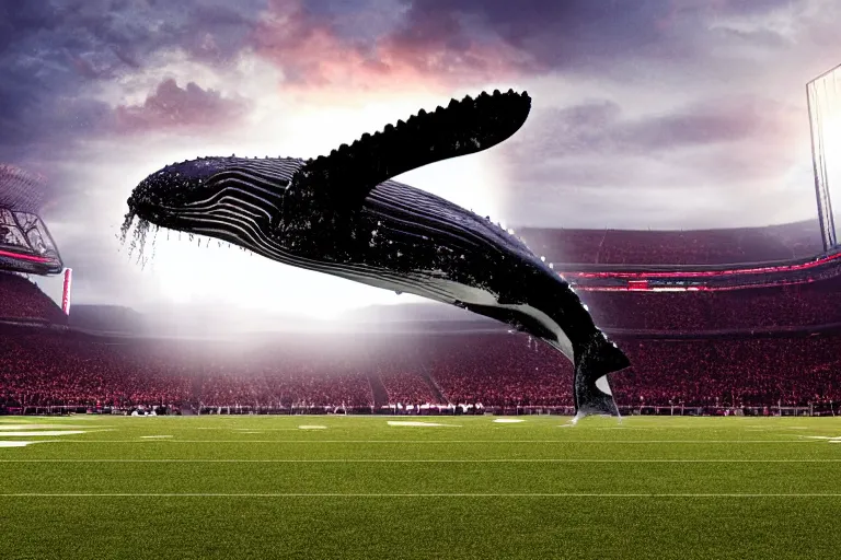 Image similar to a humpback whale flying in the air over an nfl football stadium ultra detailed realistic photograph cinematic lighting