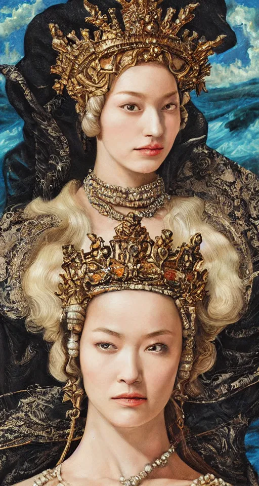 Prompt: hyperrealism oil painting, extreme close-up, portrait of european medieval queen fashion model, high detailed crown, melted cyborg, ocean pattern mixed with star sky, in style of classicism mixed with 70s japan book art