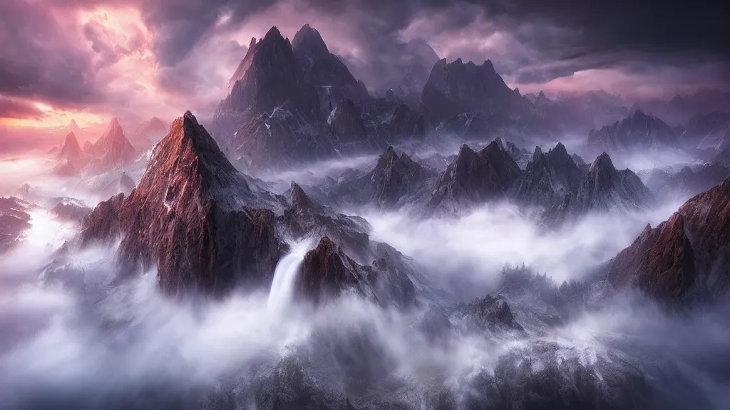 Image similar to amazing landscape photo of a fantasy world by marc adamus, beautiful dramatic lighting