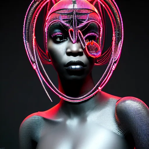 Prompt: portrait of an absurdly beautiful, graceful, sophisticated, fashionable black cyberpunk mechanoid gravure idol, hyperdetailed illustration by irakli nadar, maria borges, matt wisniewski style, intricate linework, dark black skin, neon jellyfish headdress, ivory carved ruff, unreal engine 5 highly rendered, global illumination, red light, detailed and intricate environment