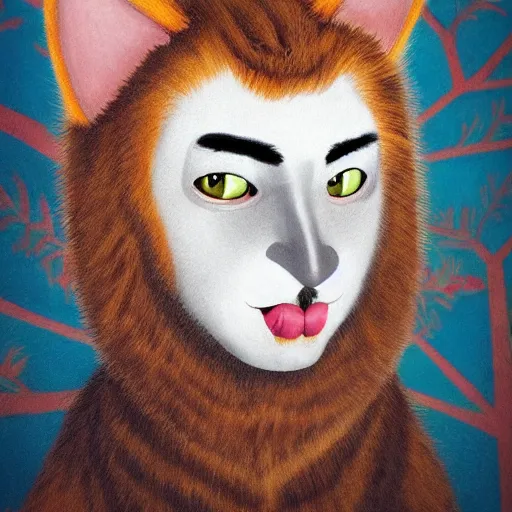 Image similar to anthropomorphic portrait man man wearing kitty cat costume cat-faced kitty cat furry calico juggalo man fuzzy ears eyes nose portrait ishbel myerscough