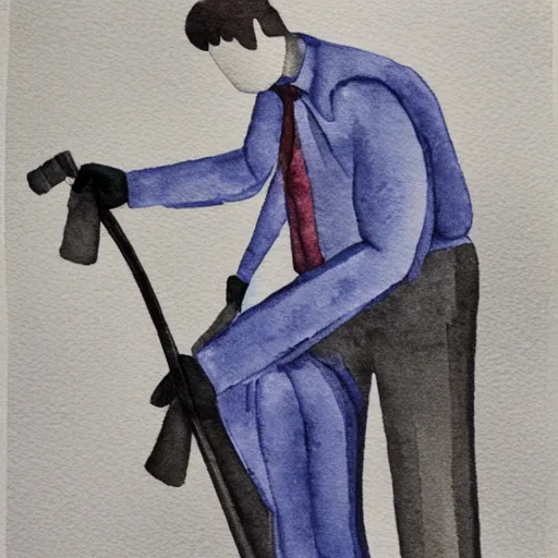 Prompt: a computer janitor depressed and miserable turning the gun upon himself, dark, watercolor