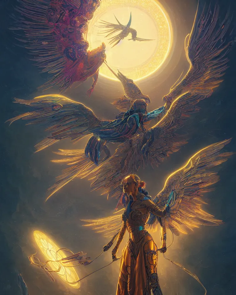 Prompt: a beautiful tarot card artwork of a portrait of a cyberpunk seraphim ascending to the nexus, backlit, highly detailed, golden hour, digital painting, by eddie mendoza and greg rutkowski and dan mumford and artgerm, vivid colors, masterpiece, detailed shading, 8 k resolution, intricate, smooth